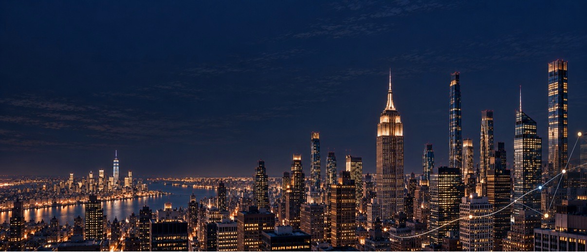 Warm New York City skyline at night, with the Empire State Building and a subtle network-line overlay across the right side