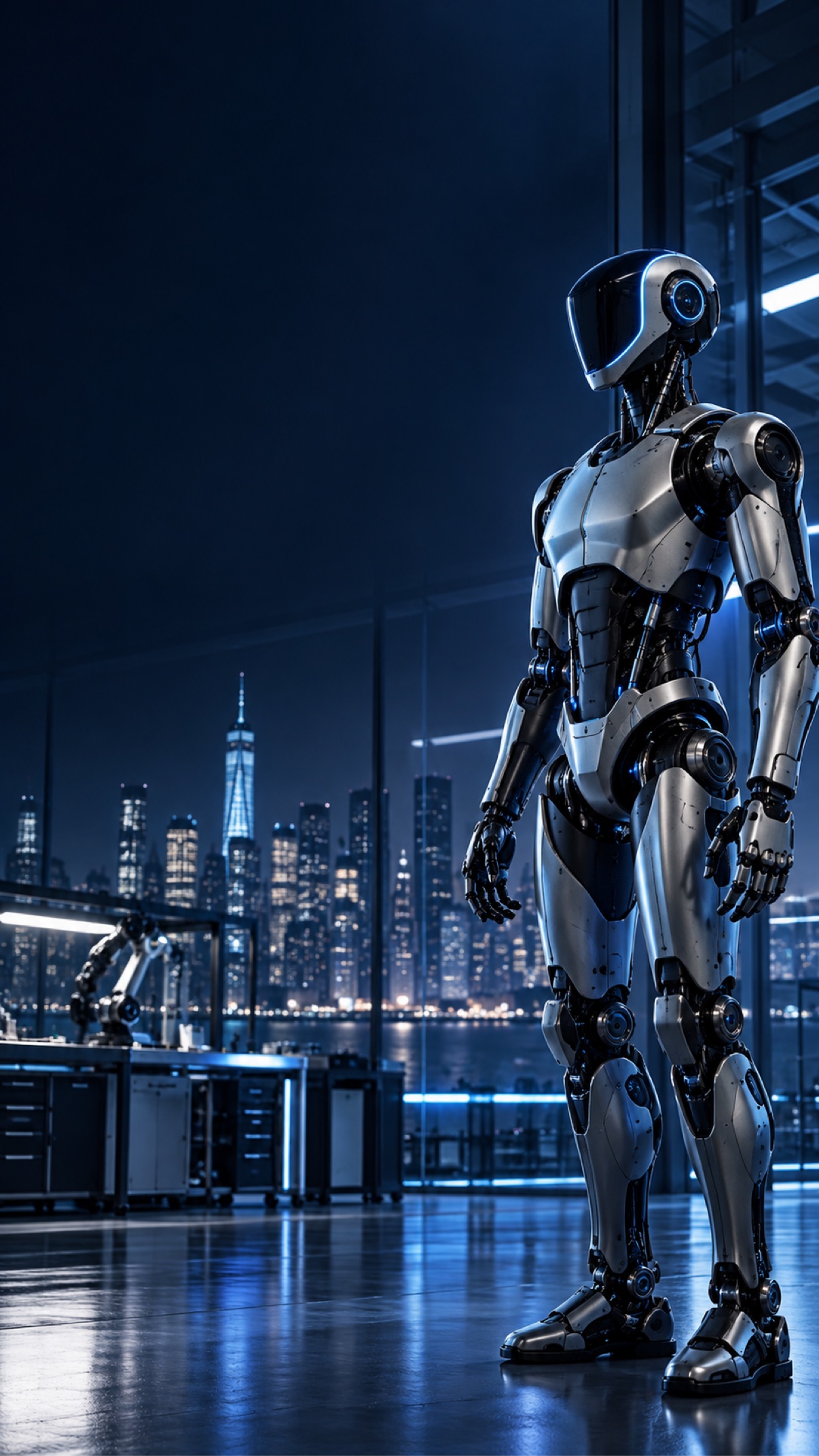 A silver humanoid robot standing on the right in a dark, deep-blue high-rise lab at night, the illuminated New York City skyline spread out through floor-to-ceiling windows behind it
